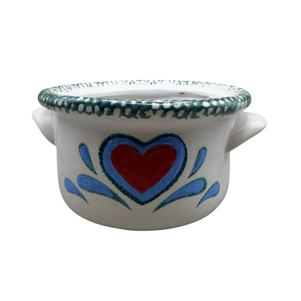 Vintage Hand Painted Ceramic Mini Crock Heart Folk Art Planter White Green Red